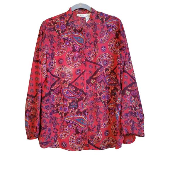 White Stag Tunic Blouse Red Paisley Semi-sheer Womens Large - Picture 1 of 11